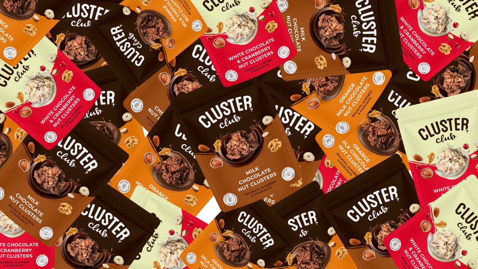 Cluster Club Belgian chocolate nut clusters — milk chocolate, white chocolate cranberry and orange milk chocolate pouches